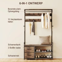 HOMCOM 6-in-1 Kapstok met Schoenenbank en Schoenenrek, Industrieel Ontwerp, 10 Haken, 2 Stoffen Laden, Metaal, Bruin(m-4)