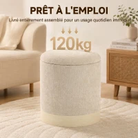 HOMCOM Pouf coffre rangement, tabouret rond en chenille, pouf repose-pieds avec base en métal effet bois, beige(m-7)