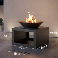 Outsunny Vuurschaal Ø59 cm met houtopslag, pookhaak, geschikt voor hout en houtskool, rond, zwart(m-3)