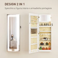 HOMCOM Armadietto Portagioie da Parete o Porta con Specchio Interno e Luci LED, con Serratura e Chiave, Tasca con Zip, Bianco(m-4)