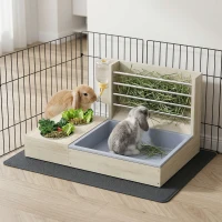 PawHut Mangiatoia per Conigli in Legno con Portafieno, Ciotola in Acciaio e Serbatoio Acqua, 58x40x32 cm, color Legno(m-9)