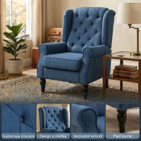 HOMCOM Fauteuil de Salon, Fauteuil Capitonné avec Pieds en Bois, Assise Large, Grand Confort, Classique, 74x86x102cm, Bleu(m-4)