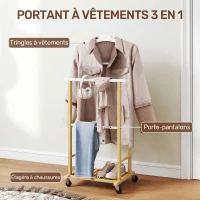 HOMCOM Valet de chambre à roulettes, portant à vêtements en bambou avec cintre intégré, tiges à pantalons et étagère, naturel(m-4)