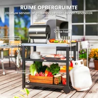 Outsunny Grillwagen 3-Etagen met Werkoppervlak, Planken, Haken, Wielen, Roestvrij Staal, 102x50x81cm, Koolgrijs(m-6)