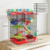 PawHut Jaula para Hámster de 5 Niveles 47x30x59 cm con Túnel Comedero Bebedero Casita Rueda de Ejercicio Escaleras Rojo(m-3)