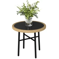 Outsunny Table Basse Ronde de Jardin, Table d'Appoint Exterieur en Résine Tressée et Plateau en Verre Trempé, 46x46x43cm, Naturel(m-11)
