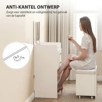 HOMCOM 3-in-1 Make-uptafel met Spiegel, Nachtkastje, Rollende Kruk, Lades, Wit(m-7)