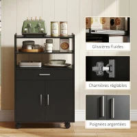 HOMCOM Chariot de cuisine sur roulettes, desserte micro-onde à roulettes avec placard tiroir étagères, 59 x 40 x 92 cm, noir(m-7)