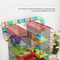 PawHut Jaula para Hámster de 5 Niveles 47x30x59 cm con Túnel Comedero Bebedero Casita Rueda de Ejercicio Escaleras Rojo(m-7)
