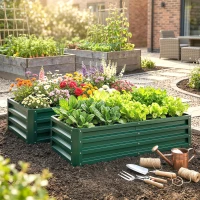 Outsunny Set de 2 paturi de grădină rectangulare, tablă de oțel ondulată, 120 x 60 x 30,5 cm, Verde închis(m-6)