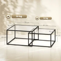 HOMCOM Couchtische 2er-Set Satztisch mit gehärteter Glasplatte und Metallrahmen, für Wohnzimmer Schwarz(m-3)