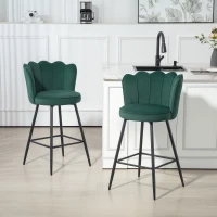 HOMCOM Set of Two Velvet-Feel Lotus Bar Stools - Dark Green(m-10)