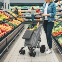 HOMCOM Cărucior de Cumpărături Pliabil din Aluminiu cu Roți, Geantă de 46L, Compartiment Frigorific, Mâner Reglabil, Gri(m-2)