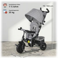 HOMCOM Kinder-Dreirad, Kinderfahrrad, Rückenkorb, Becherhalter, Sonnendach, Metall, Grau(m-3)