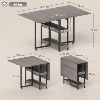 HOMCOM Inklapbare eettafel in industriële stijl, voor maximaal 4 personen, met open schappen, flexibel, metaal en spaanplaat, grijs(m-3)