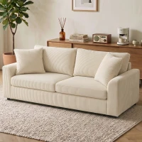 HOMCOM Divano 3 Posti in Velluto a Coste con Molle Insacchettate e 2 Cuscini, 212x80x88 cm, Bianco Crema(m-10)