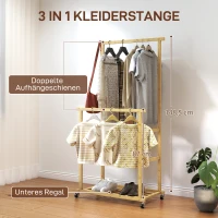 HOMCOM Kledingrek op wielen, garderoberek met kledingstang, schoenenplaat, van bamboe, 80 x 40 x 160 cm, natuur(m-4)