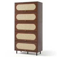 Bufet cu 5 uși rabatabile, mult spațiu de depozitare și front din ratan, 80x40x163 cm, Culoare naturală(m-6)