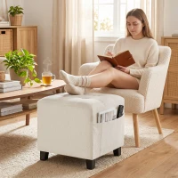 HOMCOM Small Ottoman, Square Footstool with Side Pocket, Rubber Wood Legs and Padded Seat for Living Room, Beige(m-2)