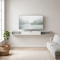 HOMCOM Mueble TV Suspendido para Televisor de hasta 190,5 cm con Cajón Abatible 2 Estantes 180x24x16 cm Blanco(m-2)