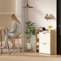 HOMCOM Scarpiera Slim con 2 Cassetti Ribaltabili e 3 Vani Aperti, Capacità 15 Scarpe, 83x24x90.5 cm, Color Legno e Bianco(m-9)