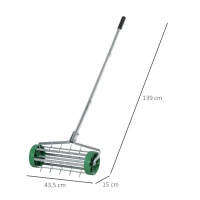 Outsunny gazonbeluchter handvat lengte verstelbaar handverticuteer gazonbeluchter spiked roller gazon rollende gazonbeluchter onderhoud tuin verzinkte buis groen + zilver 135 x 42,5 x 15 cm(m-3)