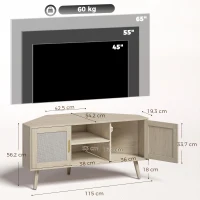 HOMCOM Meuble TV d'Angle 115 cm, Meuble Télé pour Téléviseur jusqu'à 65 Pouces, 2 Portes en Rotin  2 Compartiments, Chêne(m-3)