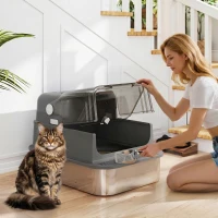 PawHut Litieră Închisă pentru Pisici 52 L din Oțel Inoxidabil, cu Capac Rabatabil, Acces Dublu și Lopățică, Negru(m-2)