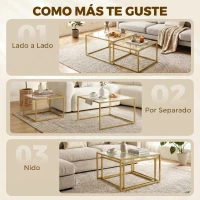 HOMCOM 2 Mesas de Centro Cuadradas Mesas Nido Modernas con Tablero de Vidrio Templado y Estructura Metálica 75x75x42 cm Dorado(m-4)
