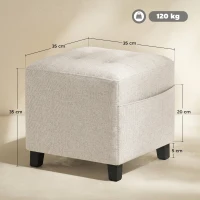HOMCOM Small Ottoman, Square Footstool with Side Pocket, Rubber Wood Legs and Padded Seat for Living Room, Beige(m-3)