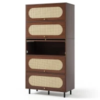 Bufet cu 5 uși rabatabile, mult spațiu de depozitare și front din ratan, 80x40x163 cm, Culoare naturală(m-7)