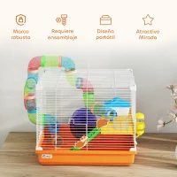 PawHut Jaula para Hámster con Túnel Cuenco Bebedero Casita Rampa Rueda de Ejercicio Bandeja Extraíble 46x30x37 cm Naranja(m-7)
