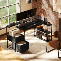 HOMCOM Gamingbureau L-vormig bureau met LED & stopcontacten, met dubbel monitorhouder, 165x80x91,5 cm, zwarte houtlook(m-9)