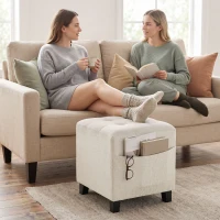HOMCOM Small Ottoman, Square Footstool with Side Pocket, Rubber Wood Legs and Padded Seat for Living Room, Beige(m-9)
