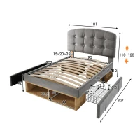 Polsterbett 90x200, dreifach höhenverstellbar, integrierte Schubladen und Staufächer, 207x101x120 cm, Grau(m-3)