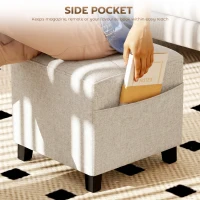 HOMCOM Small Ottoman, Square Footstool with Side Pocket, Rubber Wood Legs and Padded Seat for Living Room, Beige(m-5)