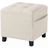 HOMCOM Small Ottoman, Square Footstool with Side Pocket, Rubber Wood Legs and Padded Seat for Living Room, Beige(m-1)