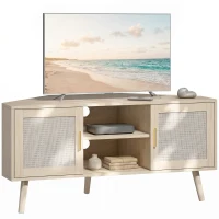 HOMCOM Meuble TV d'Angle 115 cm, Meuble Télé pour Téléviseur jusqu'à 65 Pouces, 2 Portes en Rotin  2 Compartiments, Chêne(m-17)