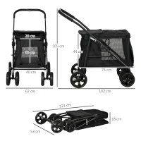 PawHut Hondenbuggy met Kussen, 3 Zijvakken, Opvouwbaar, Hondenkar, 102 cm x 62 cm x 105 cm, Zwart(m-3)