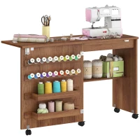 HOMCOM Folding Sewing Table, Rolling Sewing Cabinet, Magnetic Barn Door, 2 Bins, Shelf, 18 Spool Pegs, brown(m-7)