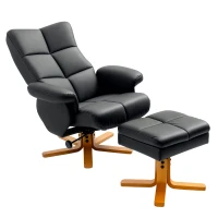 HOMCOM PU Leather Swivel Recliner Chair with Footstool, Wooden Base and Storage for Living Room, Black(m-1)
