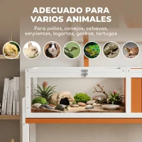 PawHut Casa para Tortugas de Madera Recinto con Casa Principal Ventana Tapa 104x53x82 cm Blanco y Naranja(m-8)