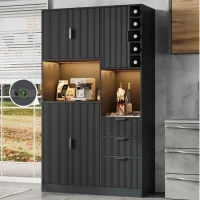 Moderner hoher Küchenschrank mit Weinregal, verstellbaren Einlegeböden und 3 Schubladen, 105x40x180 cm, Schwarz(m-2)