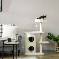 PawHut Krabpaal met Krabton, 1 Kattenbed en Kattenspeelgoed, 59 cm x 35 cm x 100 cm, Crème wit(m-7)