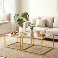 HOMCOM 2 Mesas de Centro Cuadradas Mesas Nido Modernas con Tablero de Vidrio Templado y Estructura Metálica 75x75x42 cm Dorado(m-2)