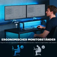 HOMCOM Gamingbureau L-vormig bureau met LED & stopcontacten, met dubbel monitorhouder, 165x80x91,5 cm, zwarte houtlook(m-6)
