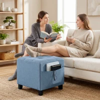 HOMCOM Small Ottoman, Square Footstool with Side Pocket, Rubber Wood Legs and Padded Seat for Living Room, Dark Blue(m-9)