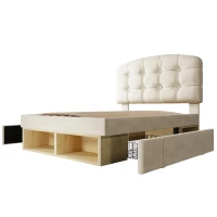 Polsterbett 90x200, dreifach höhenverstellbar, integrierte Schubladen und Staufächer, 207x101x120 cm, Beige(m-8)