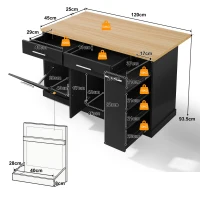 Kücheninsel auf Rollen mit klappbarer Arbeitsplatte, verstecktem Müllfach, feststellbaren 360°-Rollen, 120x70x93,5 cm, Schwarz(m-3)