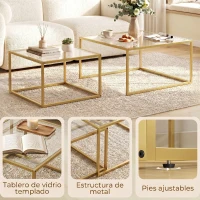 HOMCOM 2 Mesas de Centro Cuadradas Mesas Nido Modernas con Tablero de Vidrio Templado y Estructura Metálica 75x75x42 cm Dorado(m-6)